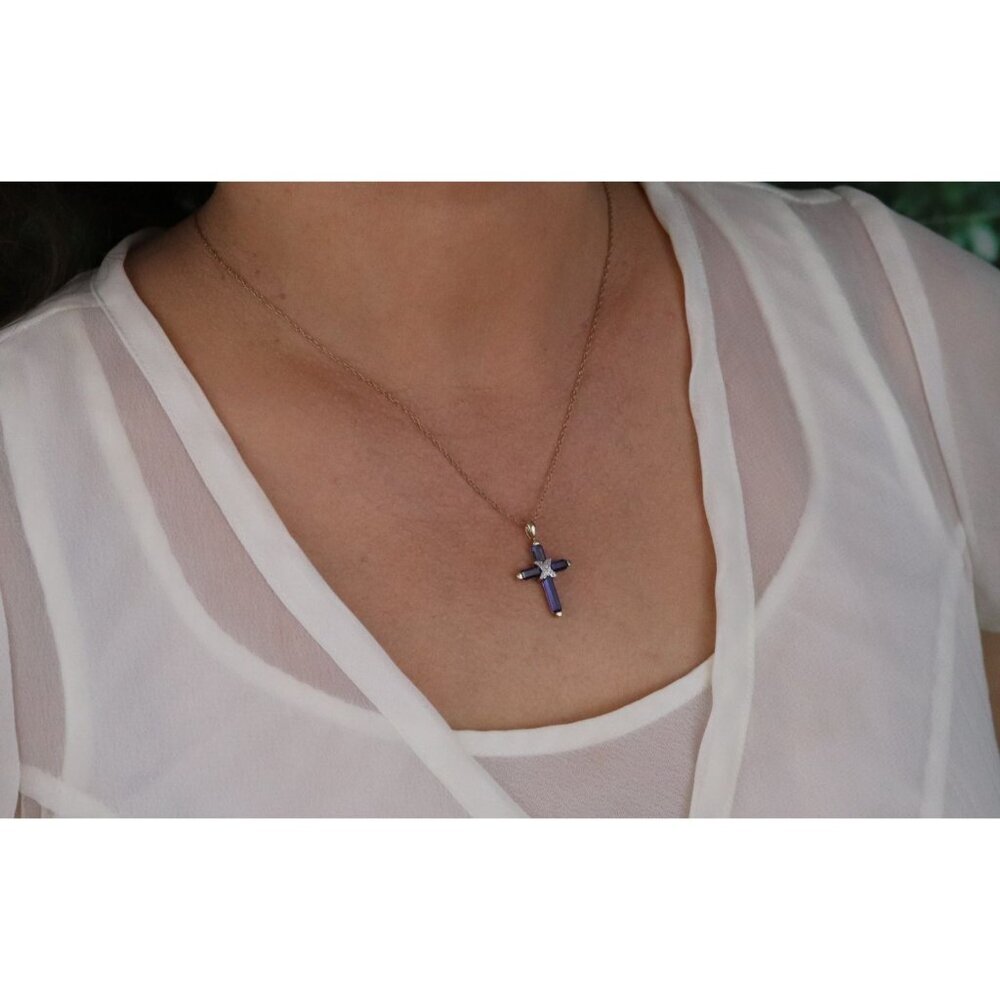 Pendant Only 10k Yellow Gold Lab Created Blue Sapphire and Diamond Cross Pendant - Picture 2 of 7